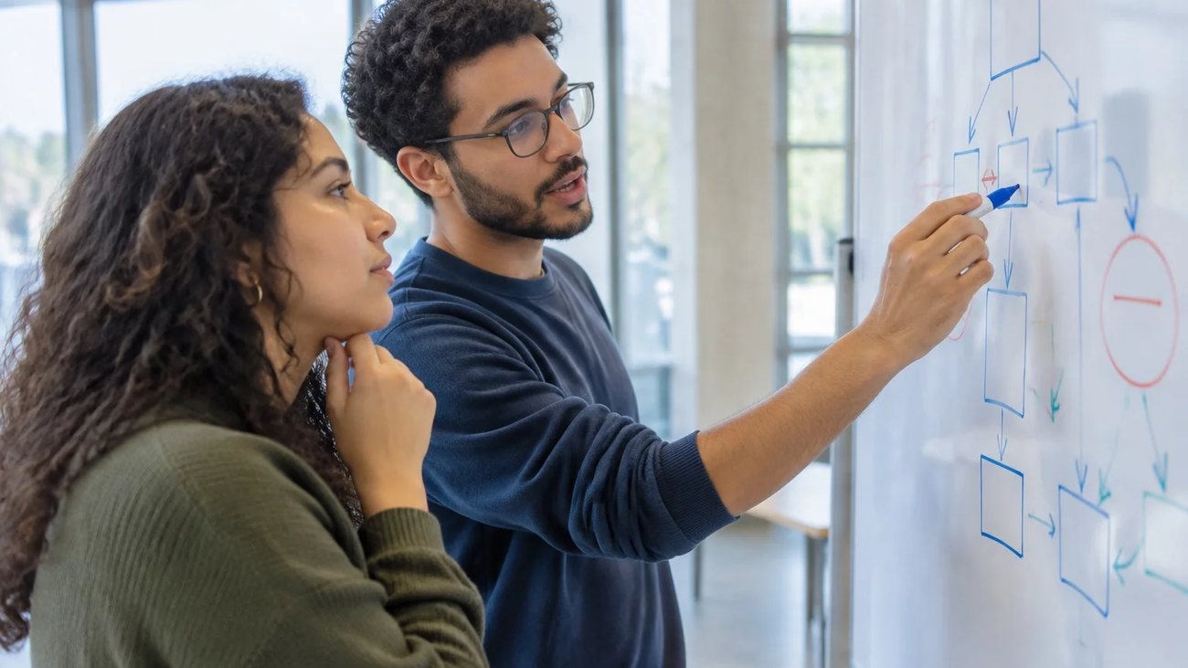 Duas participantes de pé diante do quadro branco, montando um argumento a caneta